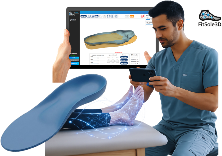Profissional de saúde atendendo paciente com tecnologia de palmilhas 3D